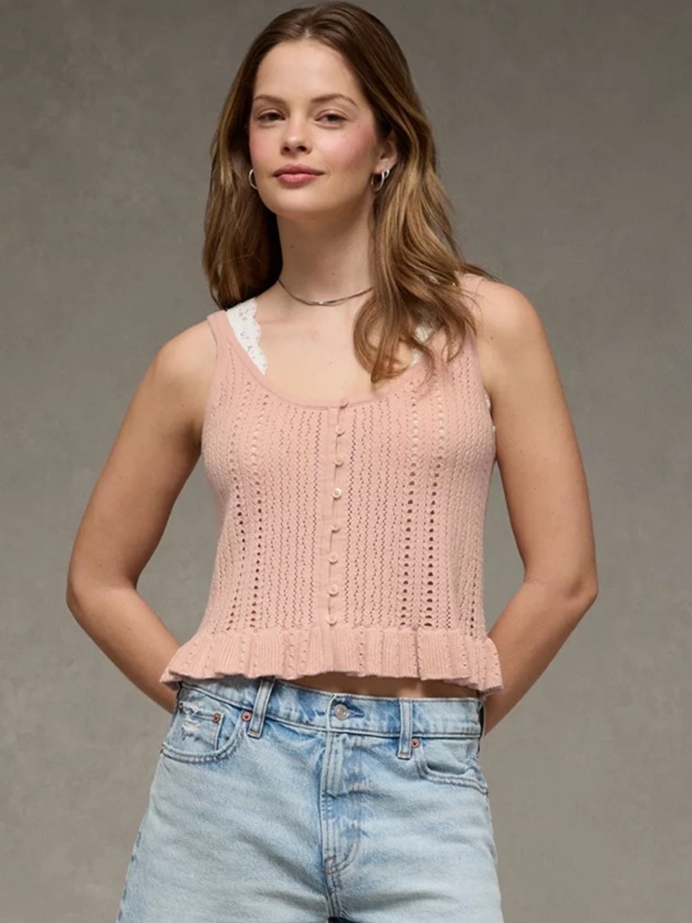 American Eagle Pointelle Knit Tank Women Small Pink Cotton Button Front NWT